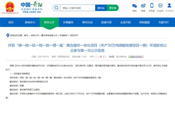 坐標貴州貴陽！一年產30萬噸磷酸鐵鋰項目公示