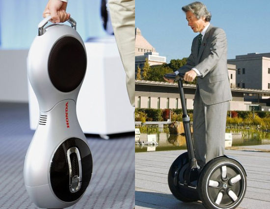 左側的照片展示了折疊后的Uni-Cub。右側的照片中，日本前首相小泉純一郎體驗個人移動工具Segway