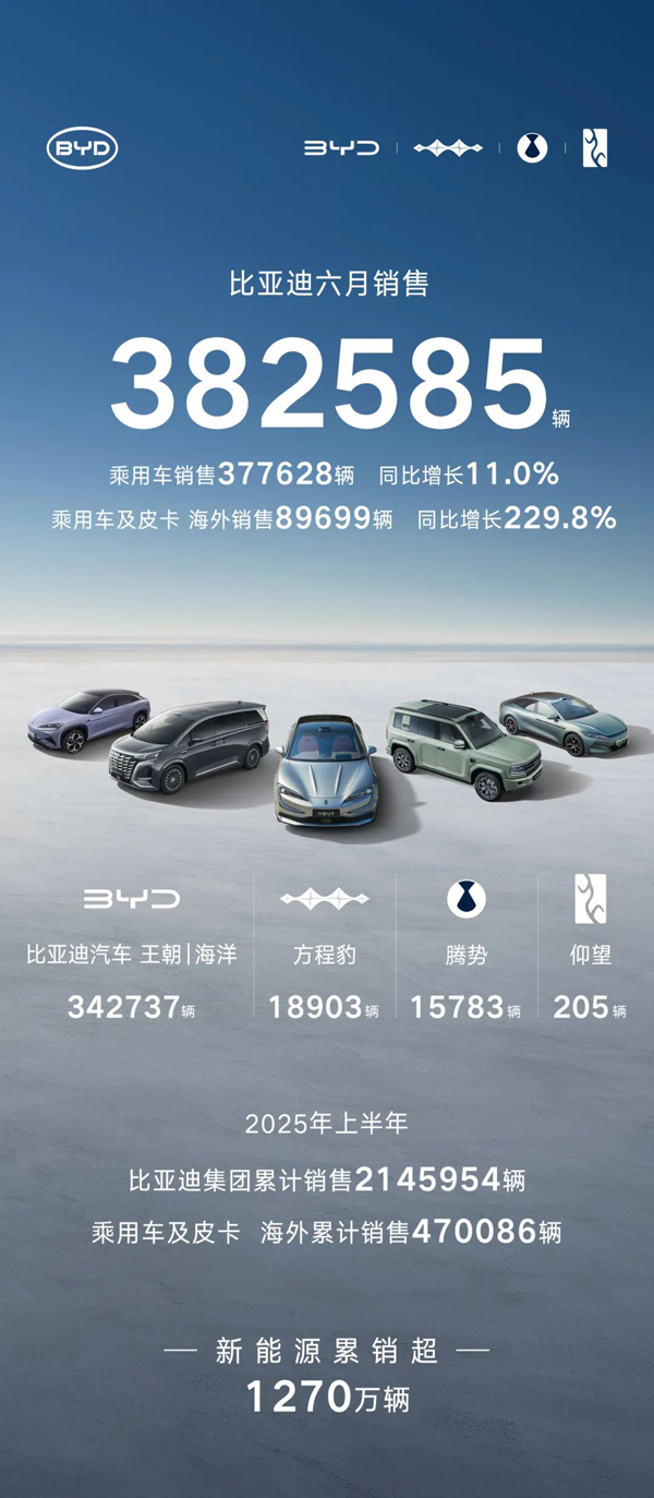 比亞迪6月產銷快報數據（單位：輛）