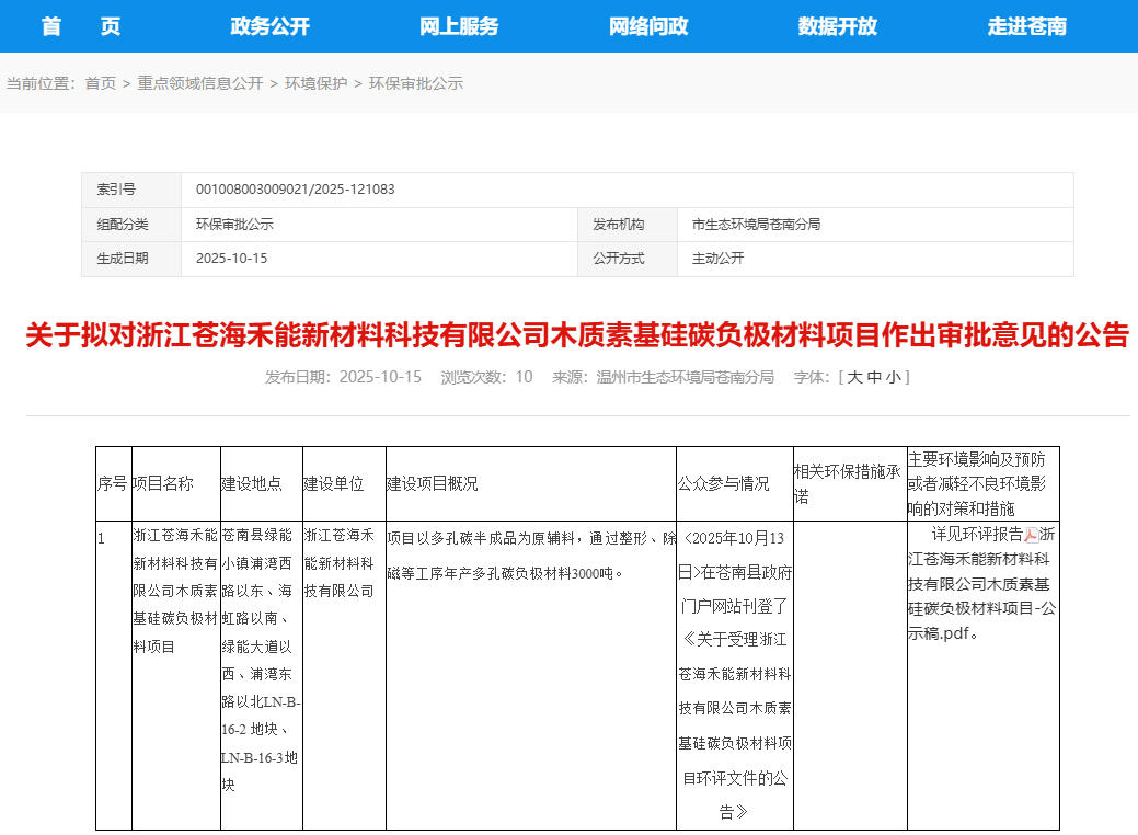 2億元！浙江溫州一硅碳負極材料項目公示