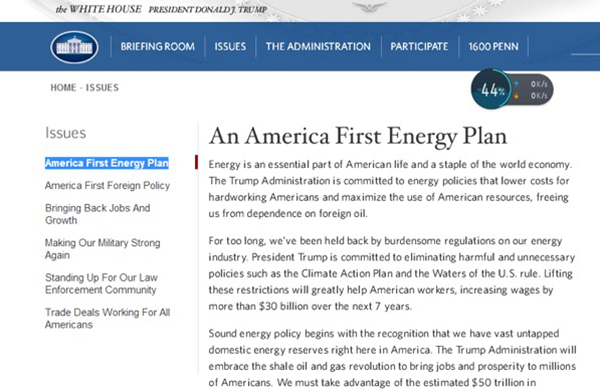 白宮官網在上任第一天即將“美國優先能源計劃”列為第一號議題