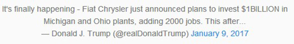特朗普為克萊斯勒投資10億美元消息發推特