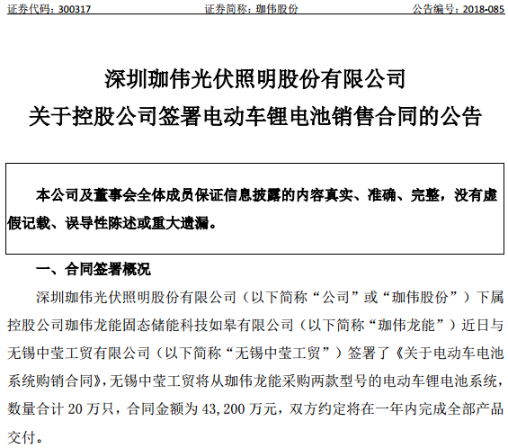 珈偉股份控股公司簽4.32億元鋰動力電池系統銷售合同