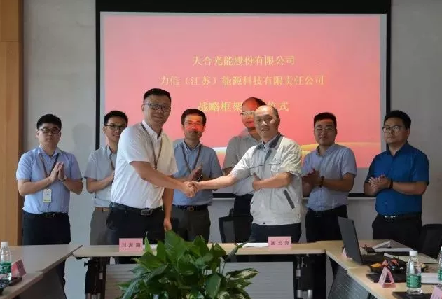 天合光能副總裁劉海鵬、力信能源副總裁施云海代表雙方簽約