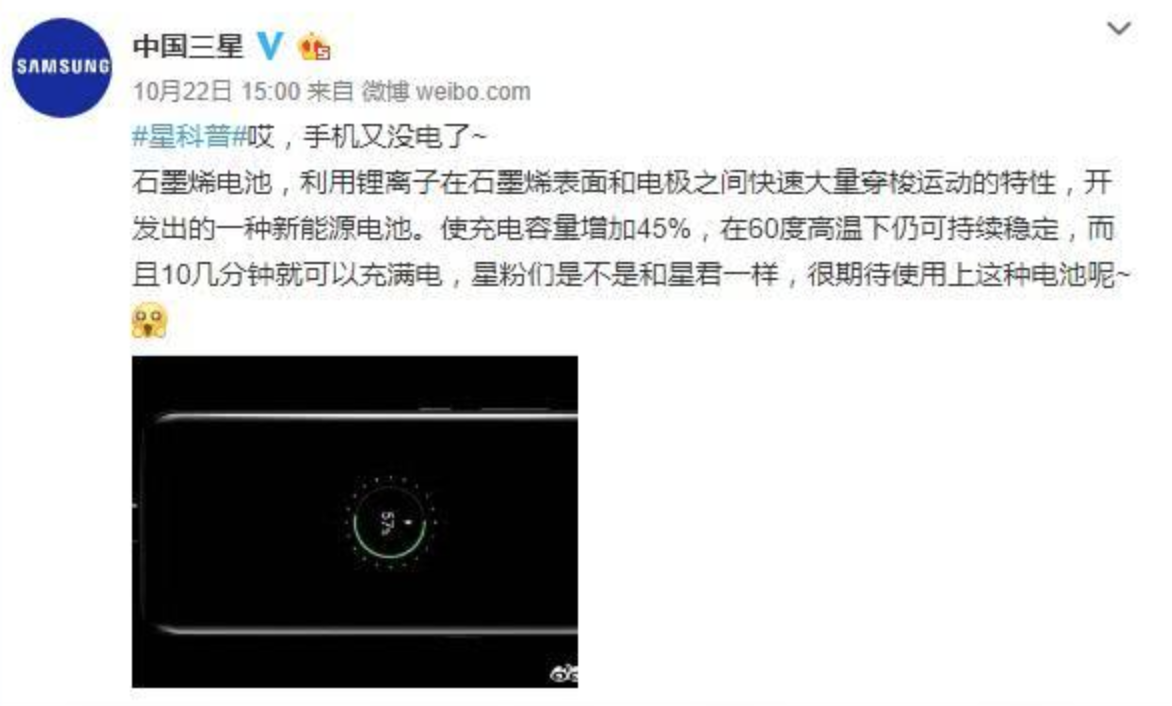 三星微博預(yù)告石墨烯電池：告別爆炸 充12分鐘滿電