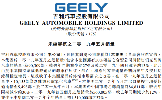 吉利汽車1-5月新能源及電氣化車型累計銷量為4.16萬輛