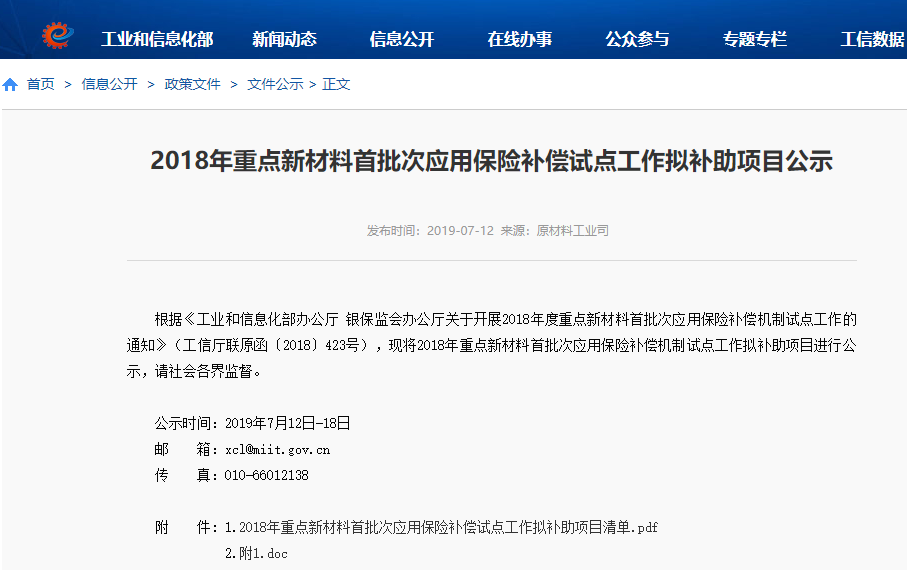 2018年重點新材料首批次應用保險補償機制試點工作擬補助項目
