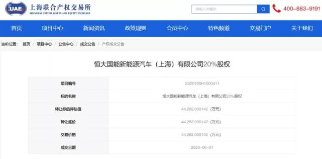 上海松江國資委轉讓恒大國能新能源汽車20%股權 接盤方未披露