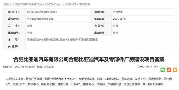 比亞迪，比亞迪合肥項目