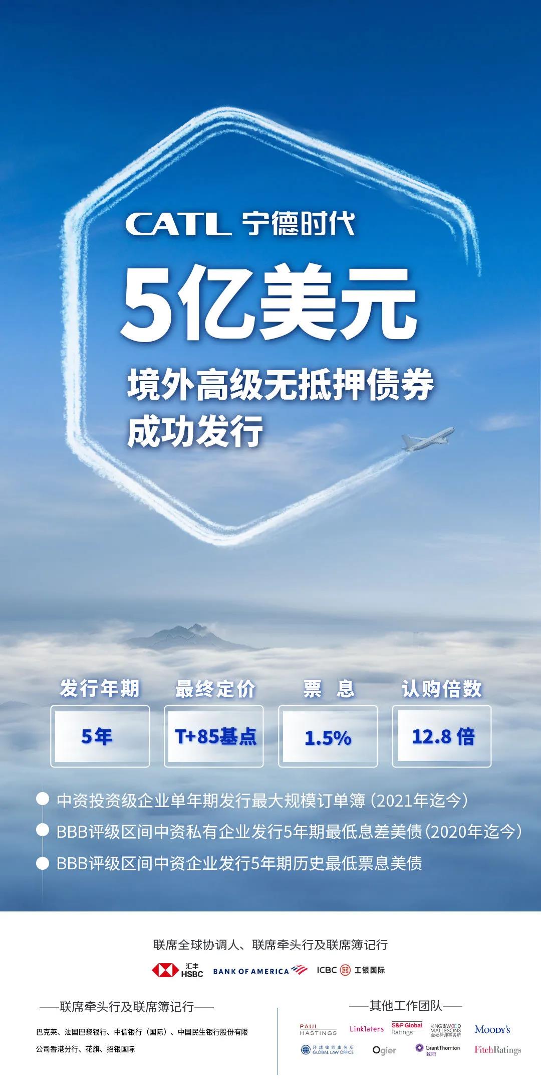 寧德時代成功發行5億美元境外債券