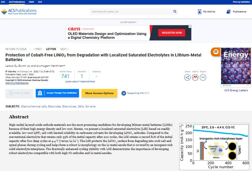 科學家開發新型電解液體系 助力無鈷高鎳鋰電池性能提升