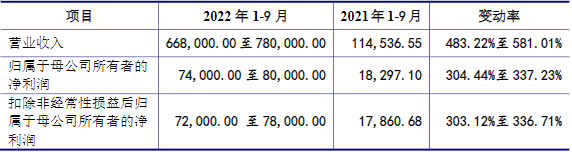 萬潤新能2022年1-9月主要財務數(shù)據(jù)（單位：萬元）