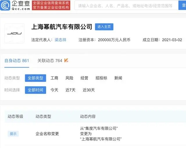 集度汽車(chē)發(fā)生工商變更 更名冪航汽車(chē)