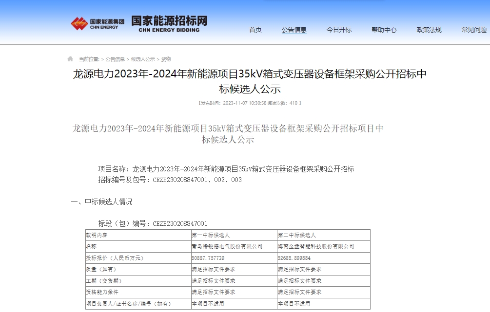 超5億！特銳德預中標龍源電力新能源項目35kV箱式變壓器項目