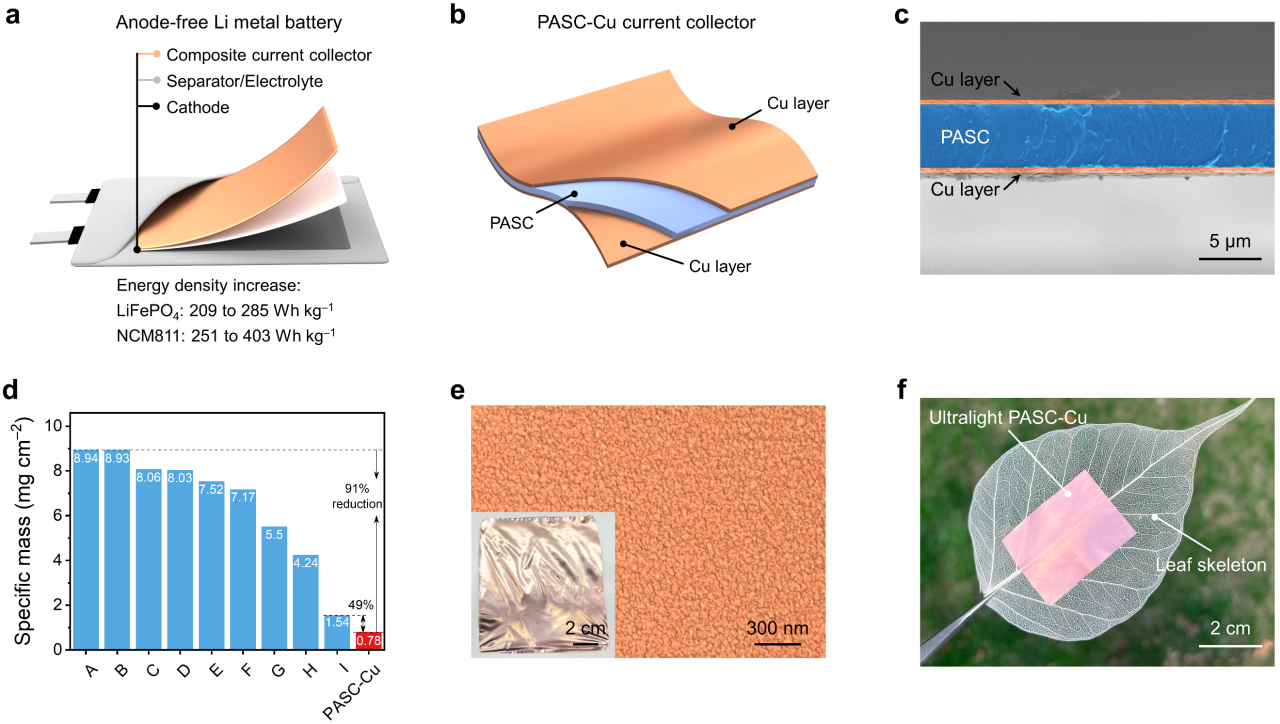 圖1. 超輕復合集流體實現高比能無負極鋰金屬電池