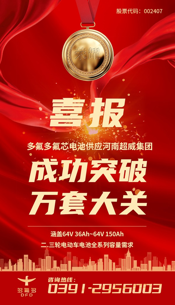 多氟多圓柱電池持續供應超威集團