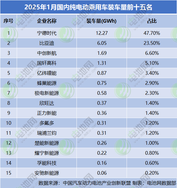 2025年1月國內(nèi)純電動乘用車裝車量前十五名